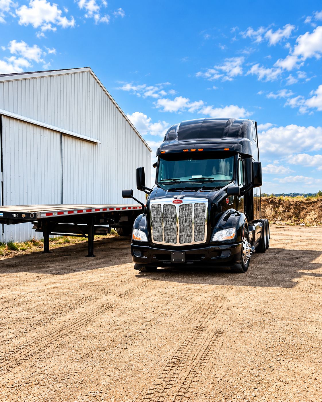 Cliff's black Peterbilt semi tractor parked beside a standard flatbed trailer
