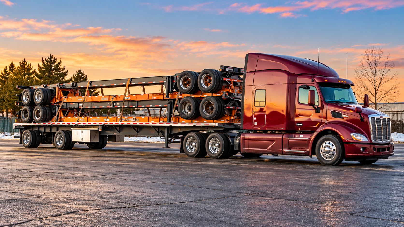 Maroon Peterbilt tractor hauling a loaded standard tandem-axle flatbed trailer
