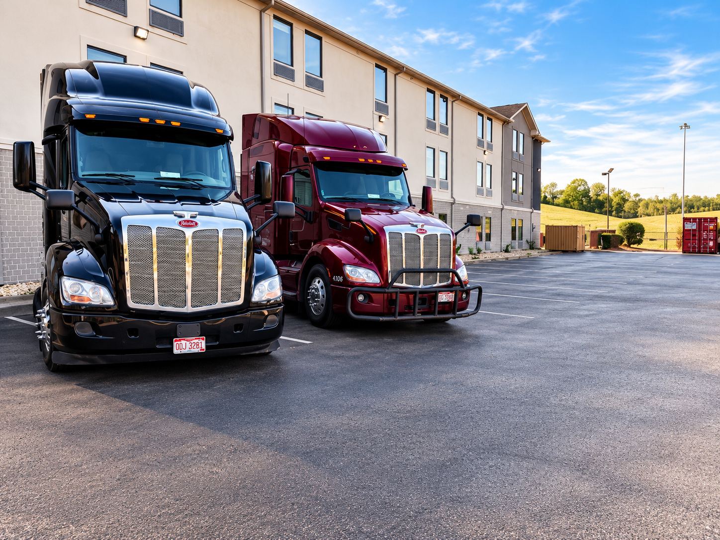 Two Peterbilt semi tractors from Cliff's trucking years, one black and one maroon, parked side by side